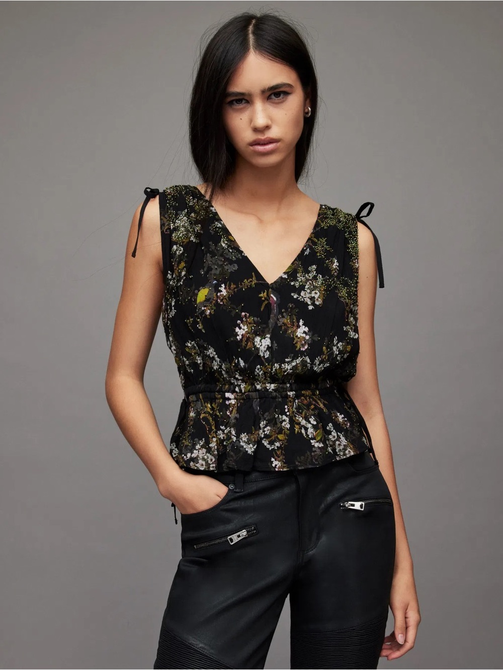 All Saints Maia Viola Black Floral V-Neck Tie-Shoulder Peplum Top